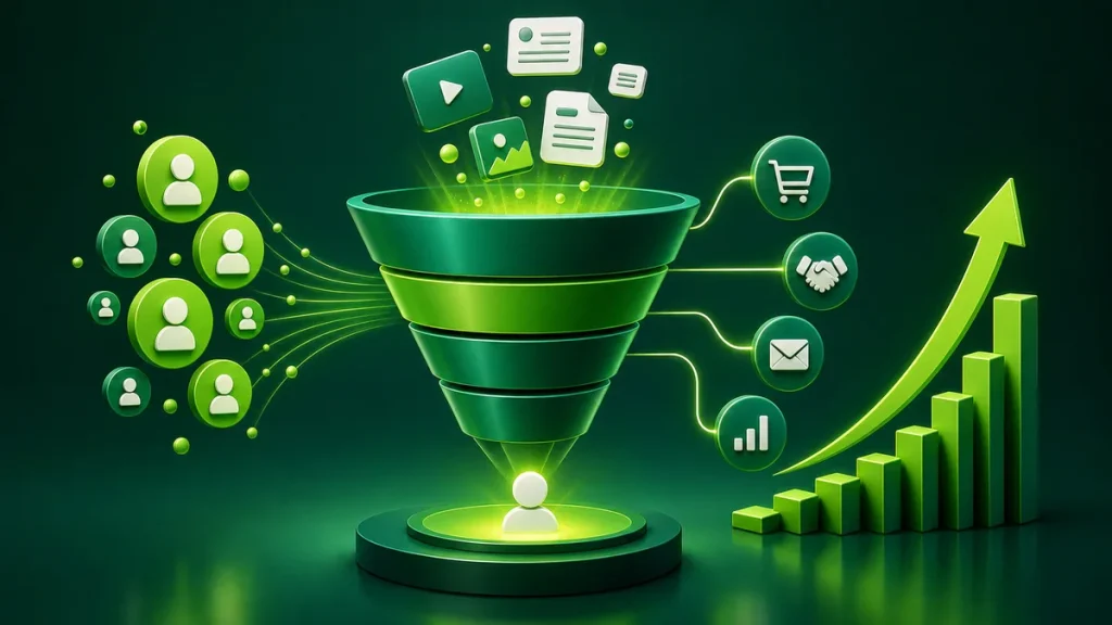 Ilustração sobre marketing digital, audiência, conversões e crescimento
