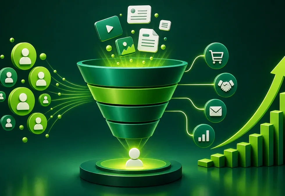 Ilustração sobre marketing digital, audiência, conversões e crescimento