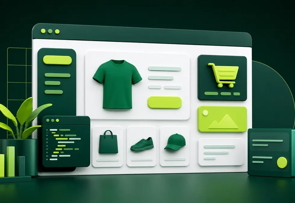 Ilustração sobre e-commerce, desenvolvimento web e plataformas de conteúdo